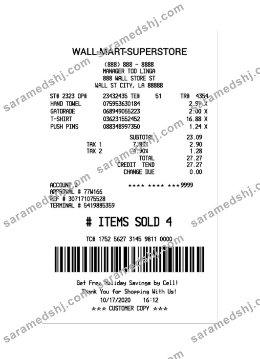 WALL-MART-SUPERSTORE payment receipt